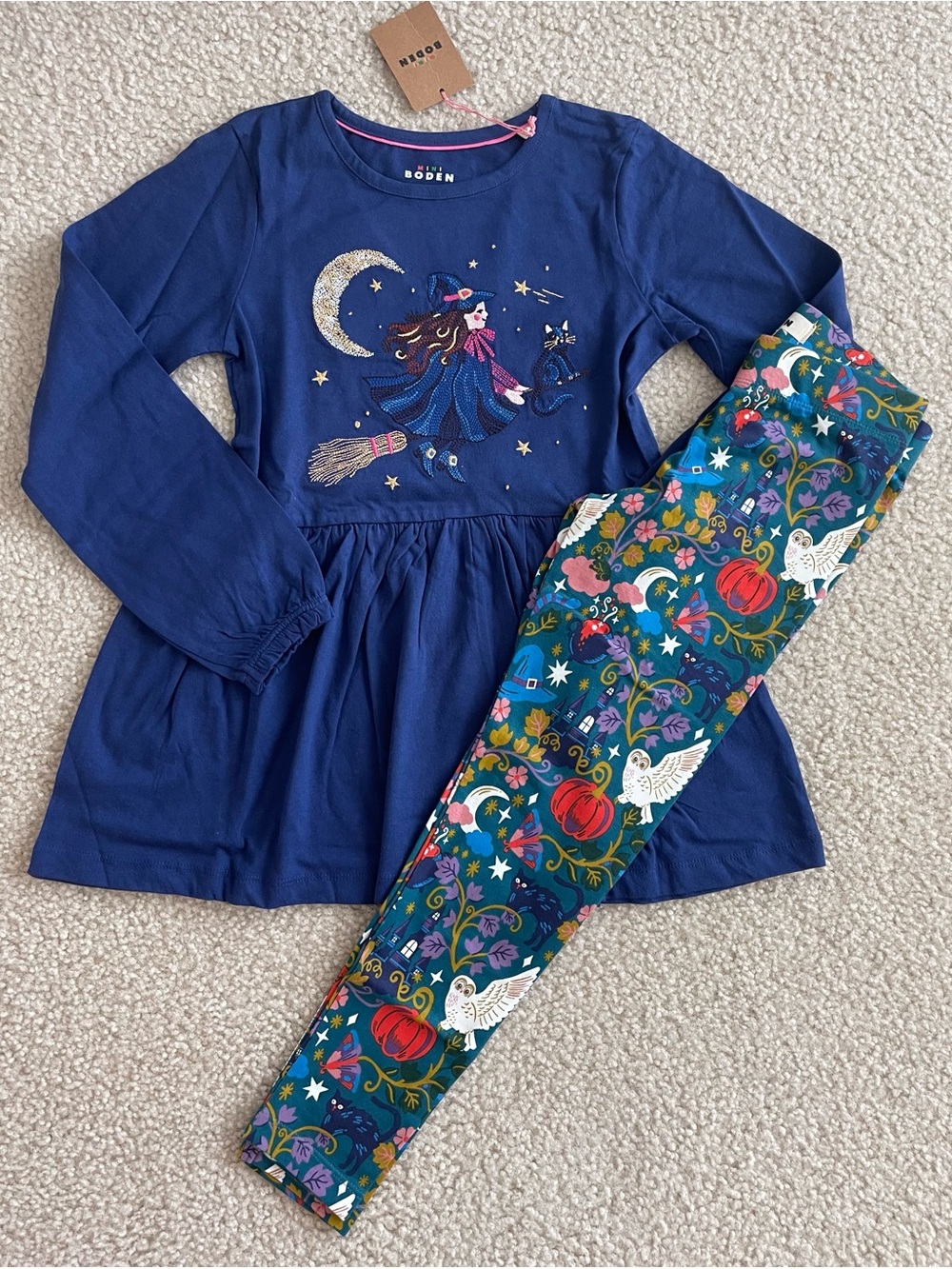 NWT Mini Boden Girls 2pc Tunic & Leggings Set Witch Halloween Blue 7-8y